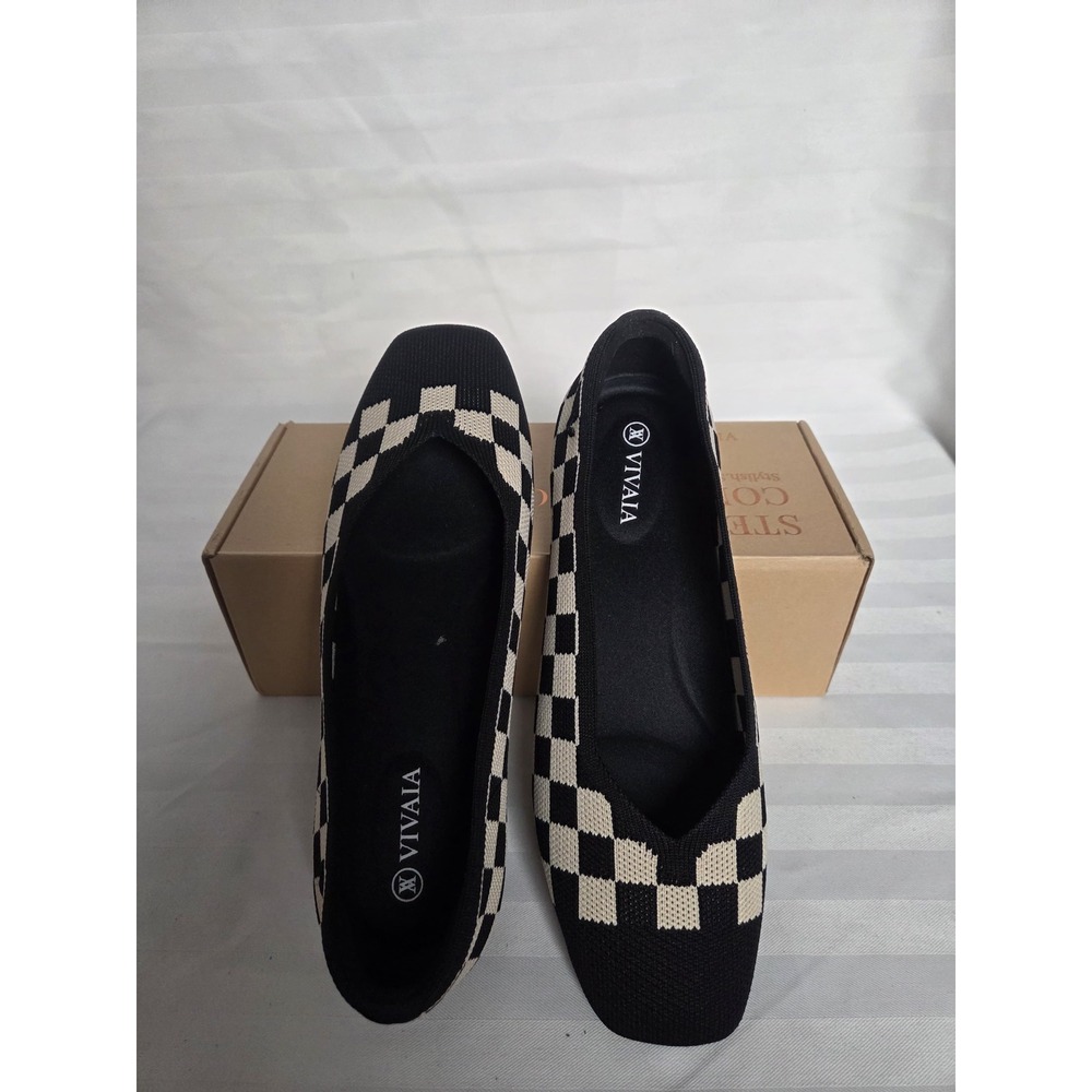Vivaia Margot 2.0 Checkerboard Square Toe Knit Flats Black Cream US 7 EU 37.5 W - Picture 14 of 16